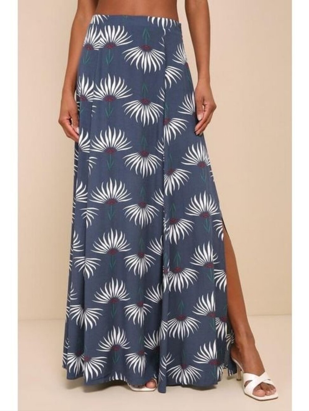 Lulu's Navy Floral Print Maxi Skirt with Side Slit